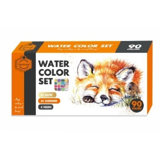 Watercolor Set of 90 colors Solid Pigment Paints 50 Basic Colors 36 Shimmer/Metallic Colors 4 Neon Colors 1 x Water Brush 1x Portable Aluminum Case
